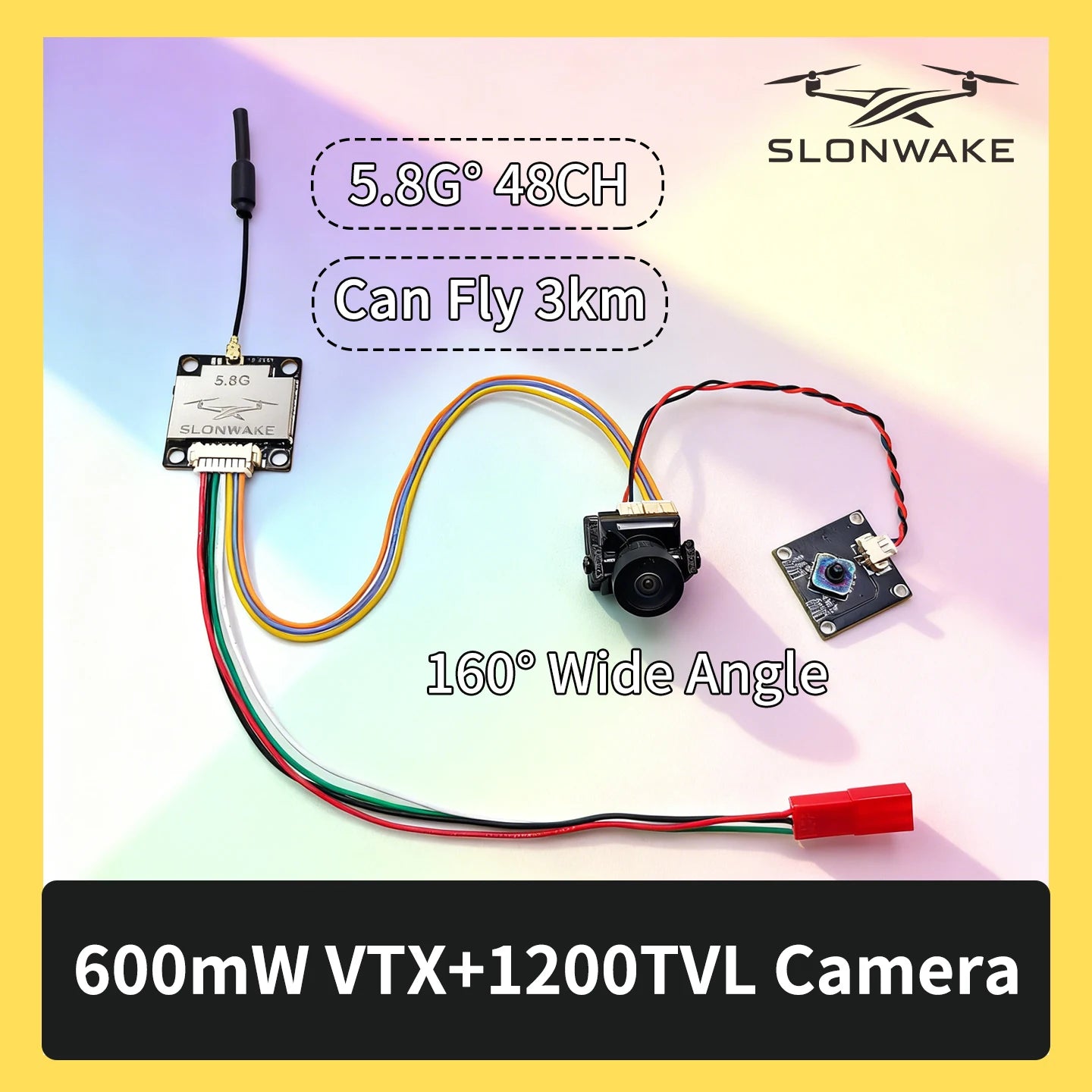 SLONWAKE 5.8G 600mW 7-24V FPV Video Transmitter & Camera Kit, 160° Wide Angle, Compatible with RC Cars & FPV Fixed-Wing Drones
